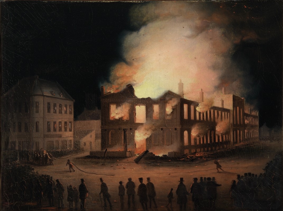 Formely attibuted to Joseph Légaré, <i>The Burning of the Parliament Building in Montreal</i>, 1849. M11588, McCord Museum