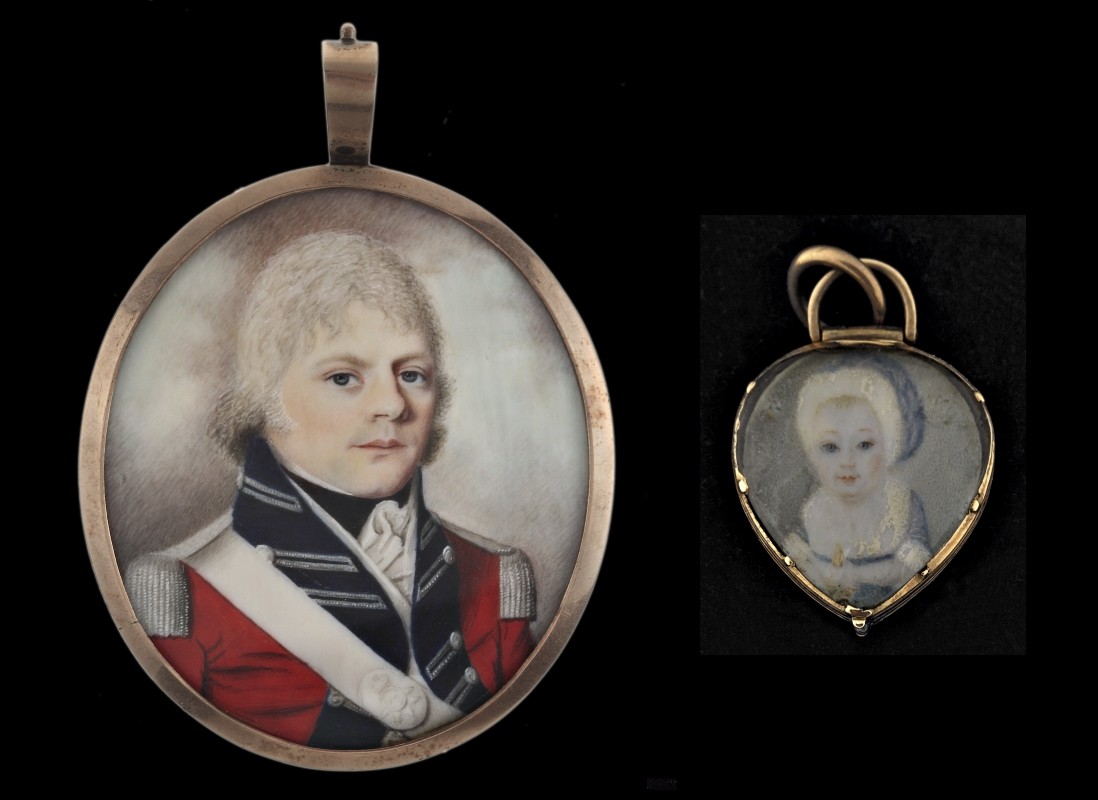 Portraits miniatures de l'officier James Cuthbert et de son enfant, vers 1797-1798 pour le médaillon et vers 1815-1820 pour la breloque. Don du Dr. Wendy C. Weaver, M2009.31.5.1-2, Musée McCord