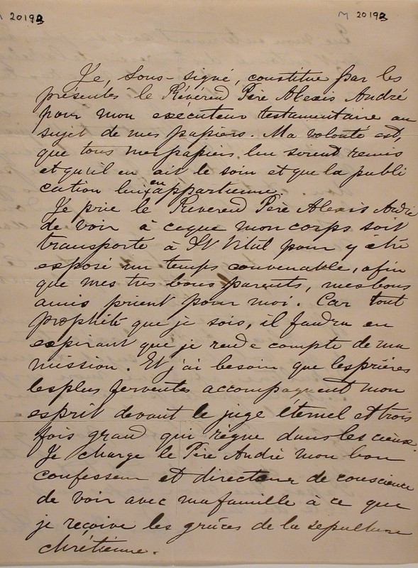 Last wishes of Louis Riel, expressed to Reverend Father Alexis André, November 16, 1885. Gift of Brian McGreevy, Louis Riel Collection C209, M20193, McCord Museum