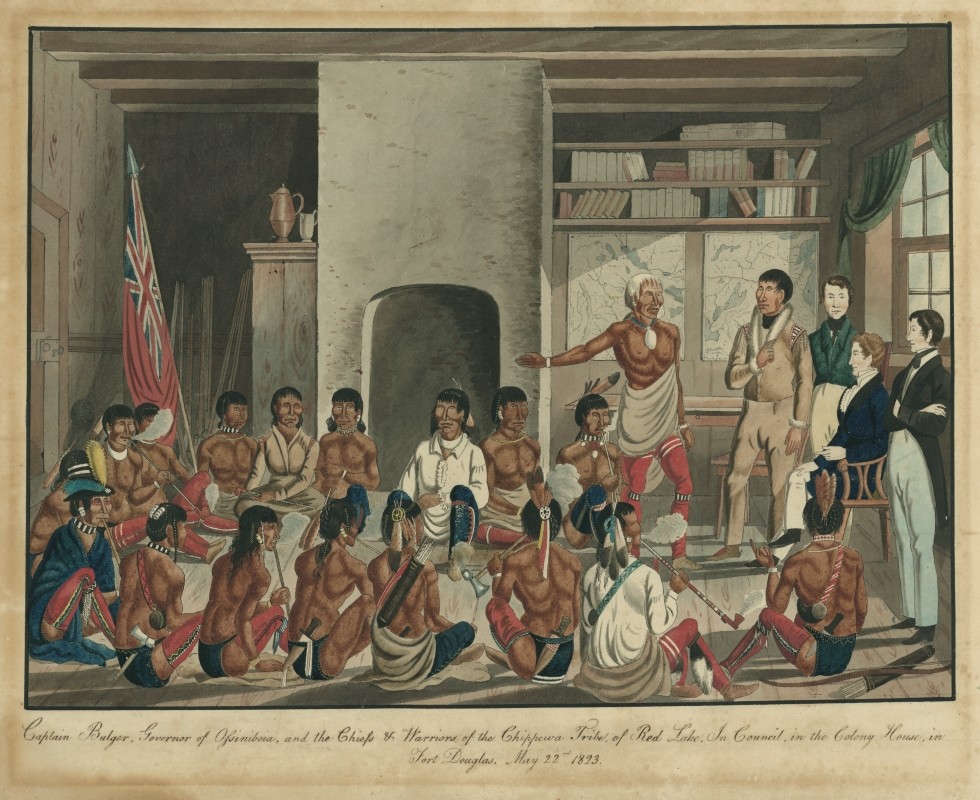 Peter Rindisbacher, <i>Captain Bulger, Governor of Assiniboia, and the Chiefs and Warriors of the Chippewa Tribe of Red Lake, in Council in the Colony House in Fort Douglas, May 22nd, 1823</i>, 1823. M965.9, McCord Museum