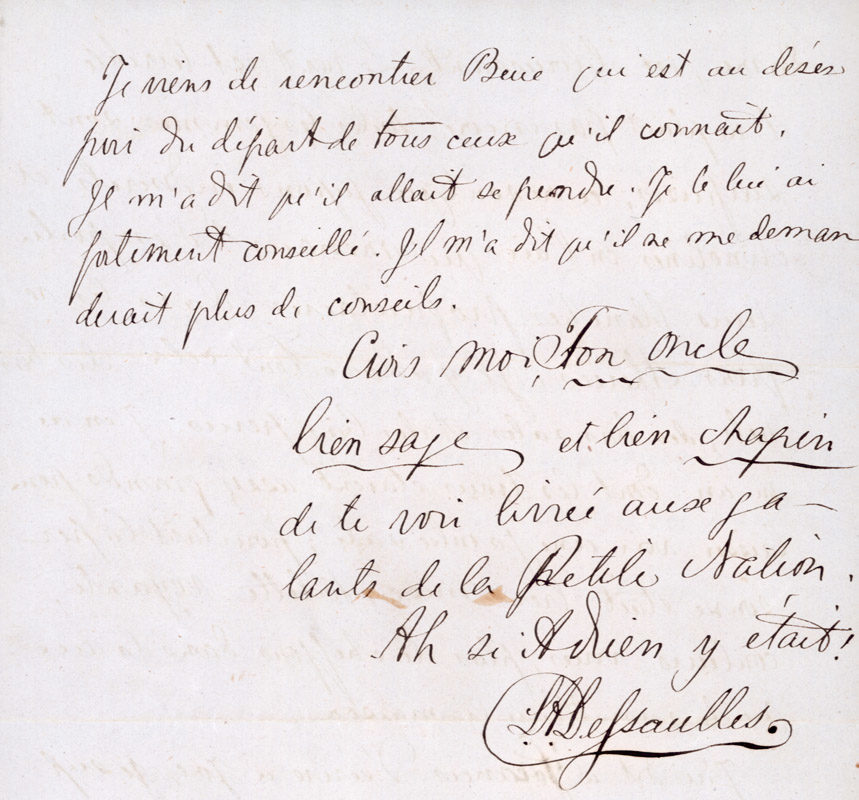 Lettre de Louis-Antoine Dessaulles à Fanny Leman (détail), 1er août 1864. Fonds Familles Dessaulles, Papineau, Leman et Béique P010, P010/A9,5.1 © Musée McCord